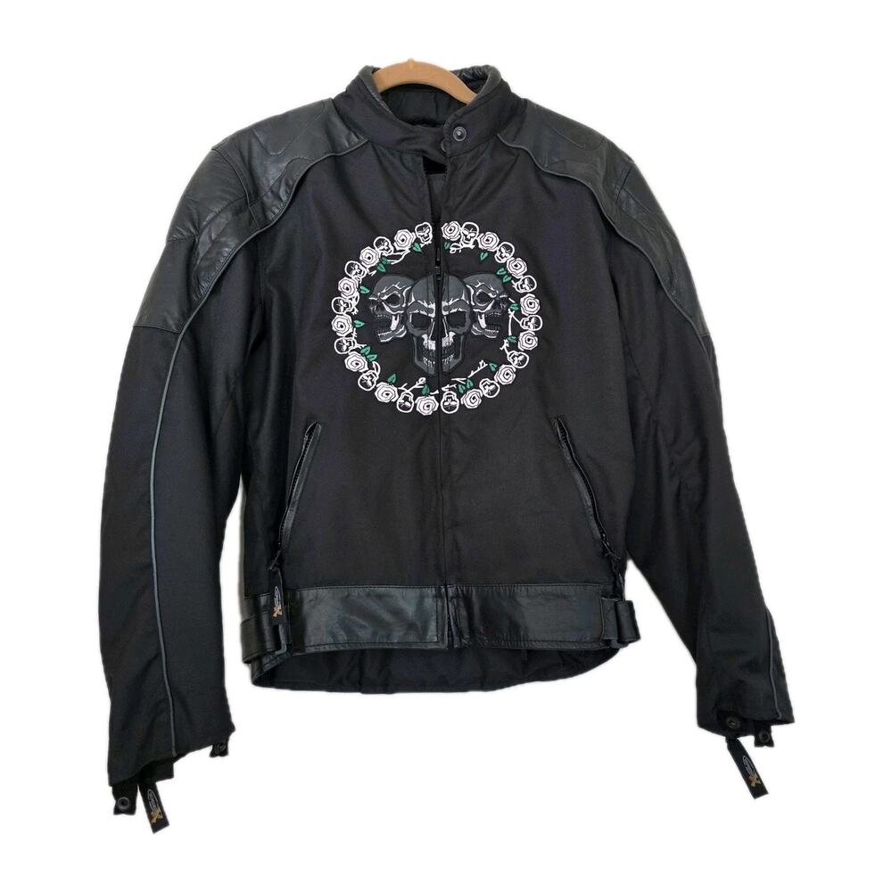 Xelement Skull Moto Jacket Womens L Black Roses Motorcycle Biker Embroidered